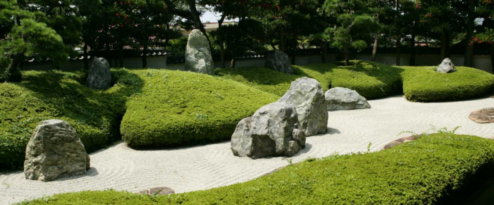 A dry rock garden, stones set in raked gravel between clipped hedges.